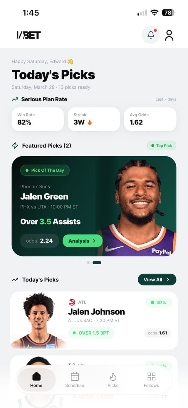 IABET app showing today's AI-powered picks with win rates and player predictions