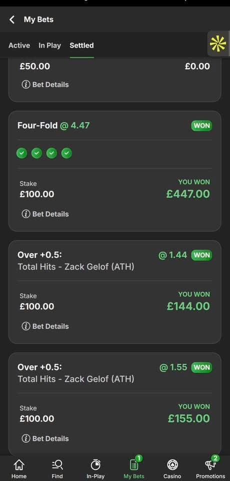 Mobile sportsbook My Bets screen with winning GBP slips: a four-fold accumulator and MLB Zack Gelof hits props