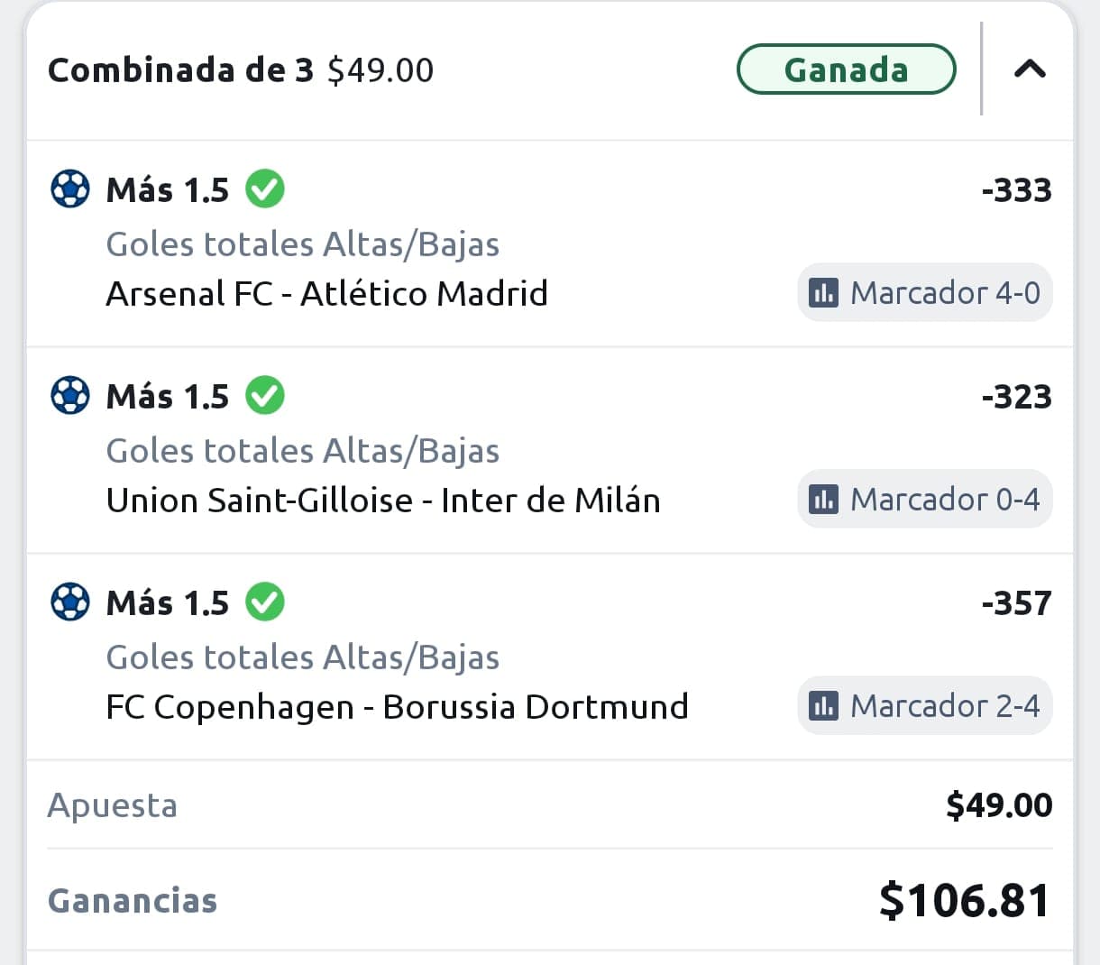 Winning Spanish-language soccer 3-leg parlay slip on over 1.5 goals for Arsenal, Union Saint-Gilloise–Inter and Copenhagen–Dortmund