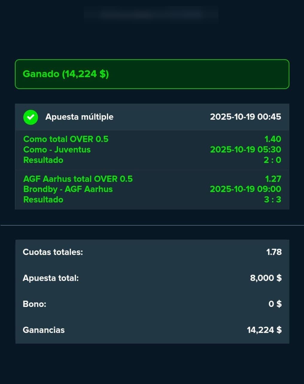 Winning soccer multiple bet slip from 19 Oct 2025 for Como vs Juventus and Brondby vs AGF team totals over 0.5