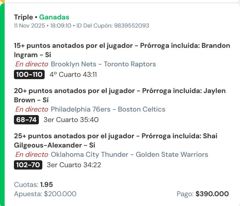 Winning Spanish NBA triple slip from 11 Nov 2025 on Brandon Ingram, Jaylen Brown and Shai Gilgeous-Alexander points