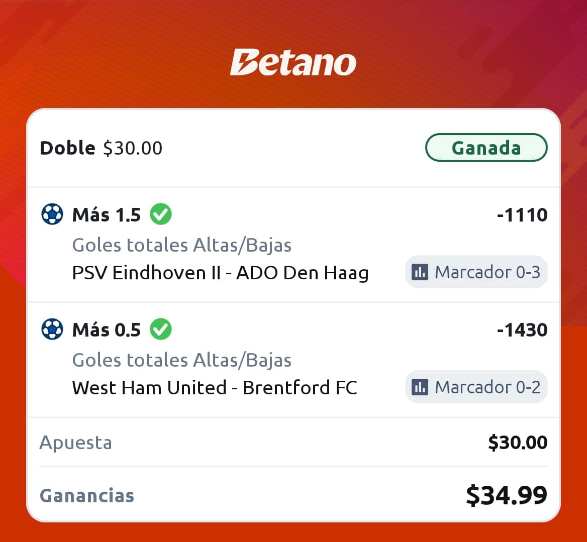 Winning Betano soccer double slip on PSV Eindhoven II vs ADO Den Haag and West Ham vs Brentford totals