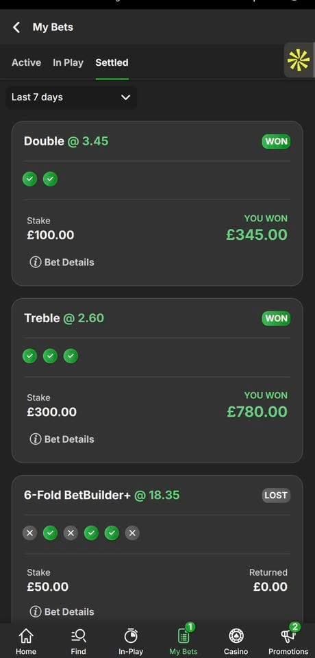 Bet365-style My Bets settled view in GBP showing a winning Double at 3.45 and Treble at 2.60