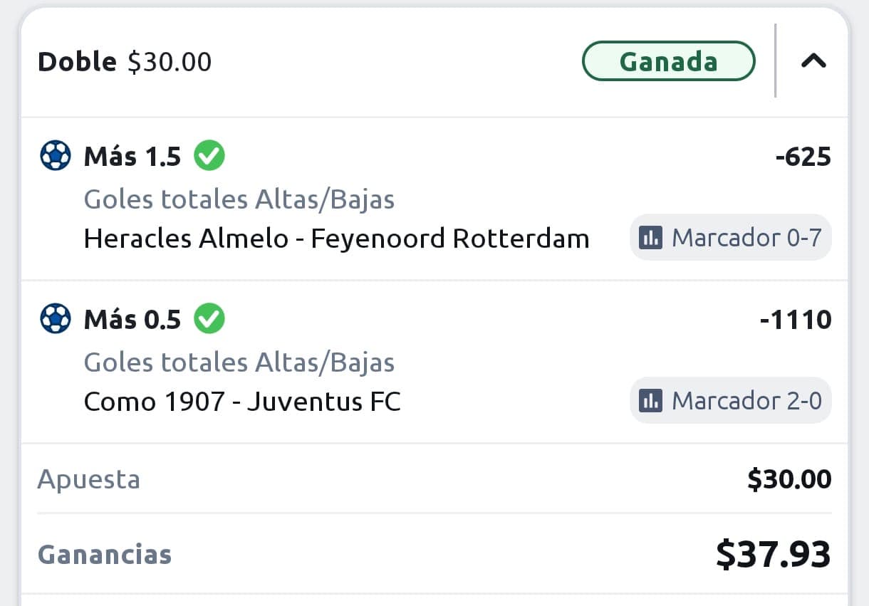 Winning soccer double slip on Heracles vs Feyenoord over 1.5 goals and Como vs Juventus over 0.5