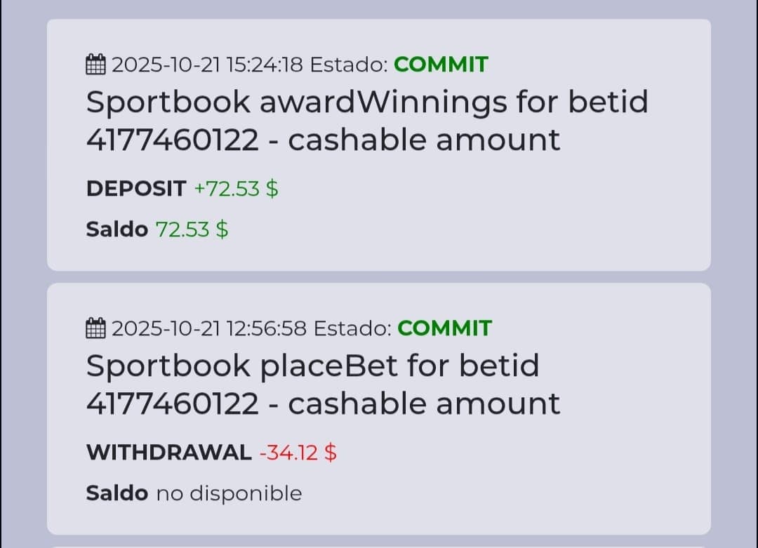 Sportsbook wallet history from 21 Oct 2025 showing a committed deposit of winnings after a settled bet