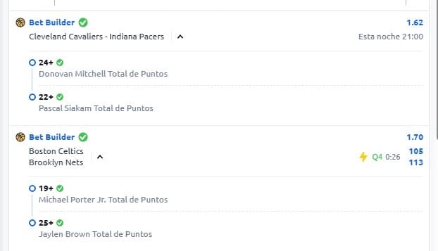Two winning NBA Bet Builder cards for Cavaliers–Pacers and Celtics–Nets player point legs
